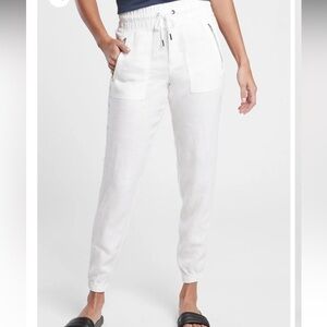 Athleta Cabo 100% Linen White Semi-Fitted Track Joggers Pants women’s size 10